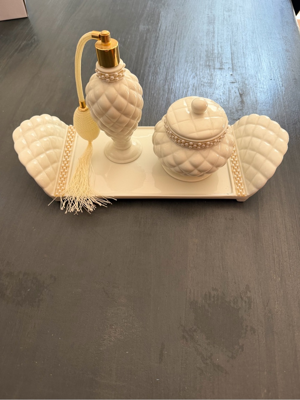 Vintage 1990 Avon Quilted White Porcelain Faux Pearl Vanity Set (3-Piece)